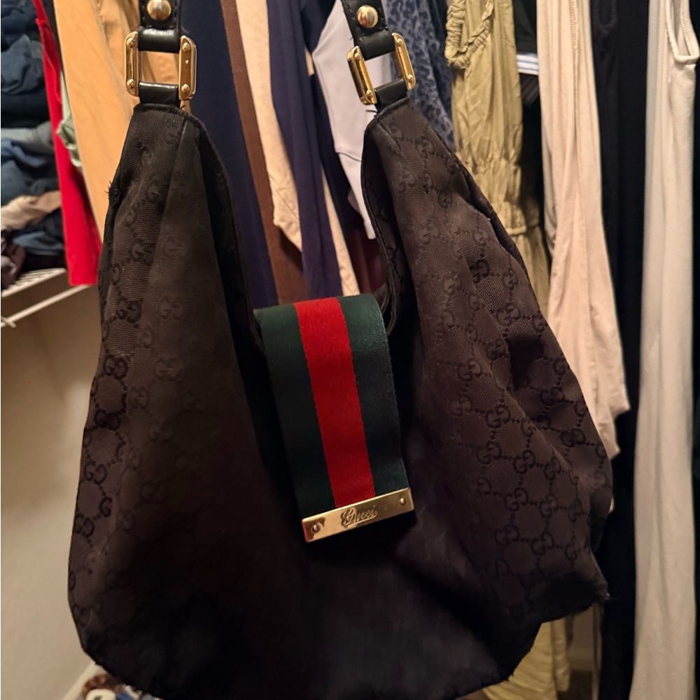 Gucci Dark Brown Monogram Tote with Green and Red Web Strap